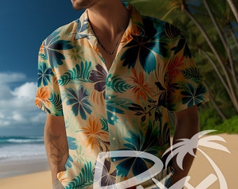 Camisa hawaiana para hombre. "Retro de los años 50". Diseño floral retro de rayón, colores de los años 50.