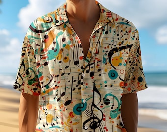 Camisa hawaiana para hombre. "Jam Session". Luce un estilo hipster con este diseño Rock'n Rayon.