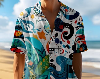 Camisa hawaiana para hombre. "Sueño Hipster". Camisa de rayón llamativa y brillante con un toque tropical y musical.