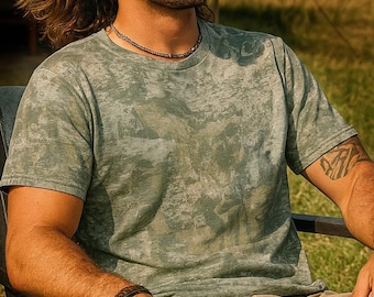 Camiseta de hombre. Camuflaje elástico, cómodo, ideal para aventuras, secado rápido, mezcla de polielastano, camuflaje verde oliva descolorido.