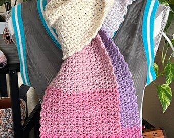 Extra Long Pink, Purples, and White Color Block Crocheted Scarf | Stocking Stuffer | Machine Washable | Handmade Gift |