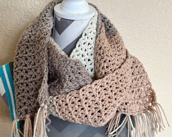 Extra Long Beige and Cream Crocheted Scarf | Stocking Stuffer | Machine Washable | Handmade Gift |