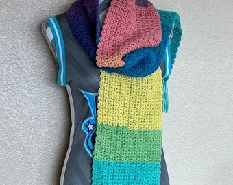 Extra Long Pastel Rainbow Crocheted Scarf | Stocking Stuffer | Machine Washable | Handmade Gift |