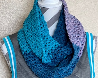 Crocheted Infinity Cowl Scarf | Blue Tones | Stocking Stuffer | Machine Washable | Handmade Gift |