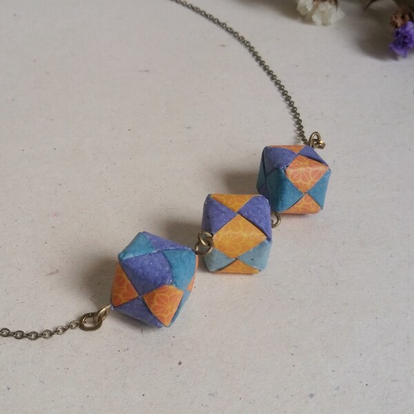 Blue, sky blue and saffron orange beads Recycled paper necklace, perfect for a valentine gift Geometric patterned origami paper Wearable art