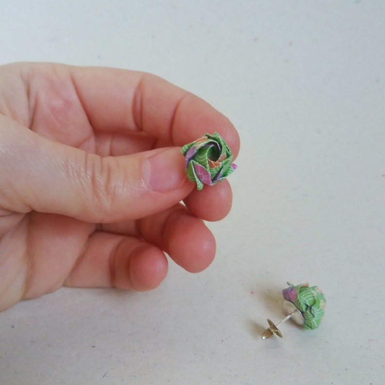 Stud japanese style earrings Cute gift for her Paper earlobe earrings Green rose Green origami paper with decorations Christmas under 30