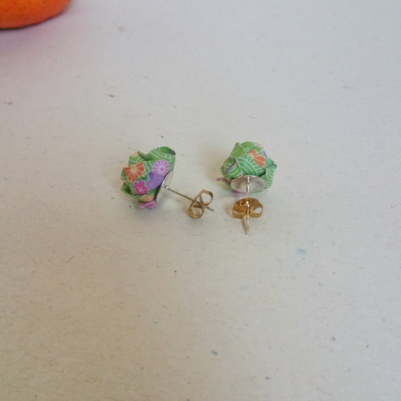Stud japanese style earrings Cute gift for her Paper earlobe earrings Green rose Green origami paper with decorations Christmas under 30