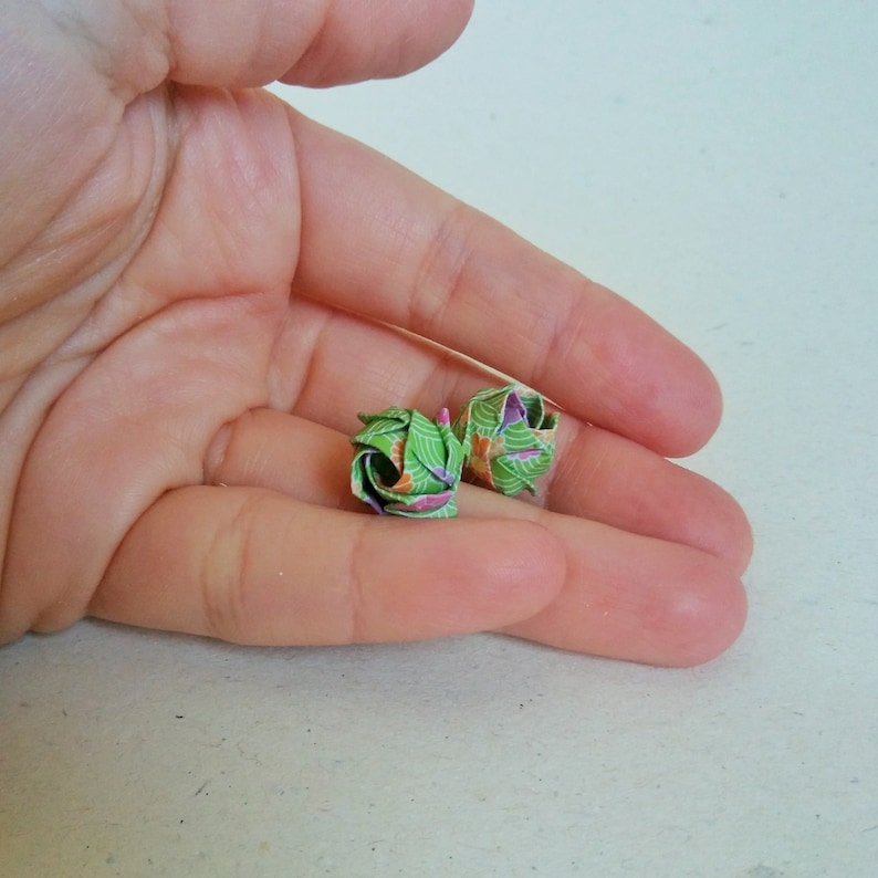 Stud japanese style earrings Cute gift for her Paper earlobe earrings Green rose Green origami paper with decorations Christmas under 30