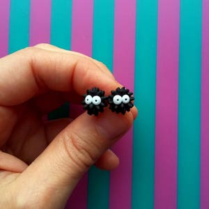 Totoro stud earrings. Soot Sprites jewelry. Perfect gift for Hayao Miyazaki fan. Spirited away spirits. Spots earrings. Tiny kawaii earrings