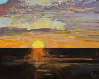 May include: An oil painting depicts a sunset over a dark horizon. The sky is a vibrant blue, with layered clouds in shades of gray, lavender, and orange. The sun is a bright yellow orb, casting a warm glow over the scene.