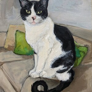 May include: A black and white cat with green eyes sits on a brown couch with green pillows. The cat's tail is curled around its body.