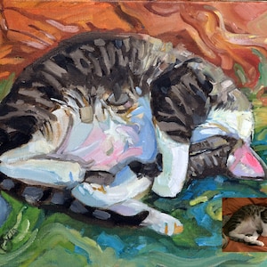 May include: A painting of a tabby cat curled up on a green and blue background. The cat is painted in a stylized, impressionistic style with thick brushstrokes.