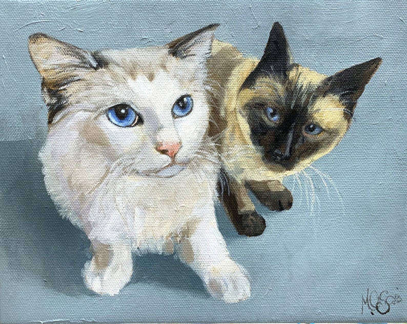 May include: A painting of two cats, one white with blue eyes and one Siamese with blue eyes, looking up at the viewer.