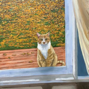 May include: A painting of a tabby cat looking out a window at a yard covered in fallen leaves. The cat is sitting on a wooden deck. The window is white with a blue frame. The painting is signed "M. Cosio" in the lower left corner.