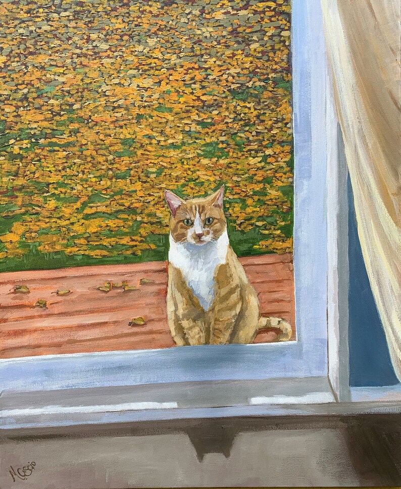 May include: A painting of a tabby cat looking out a window at a yard covered in fallen leaves. The cat is sitting on a wooden deck. The window is white with a blue frame. The painting is signed "M. Cosio" in the lower left corner.
