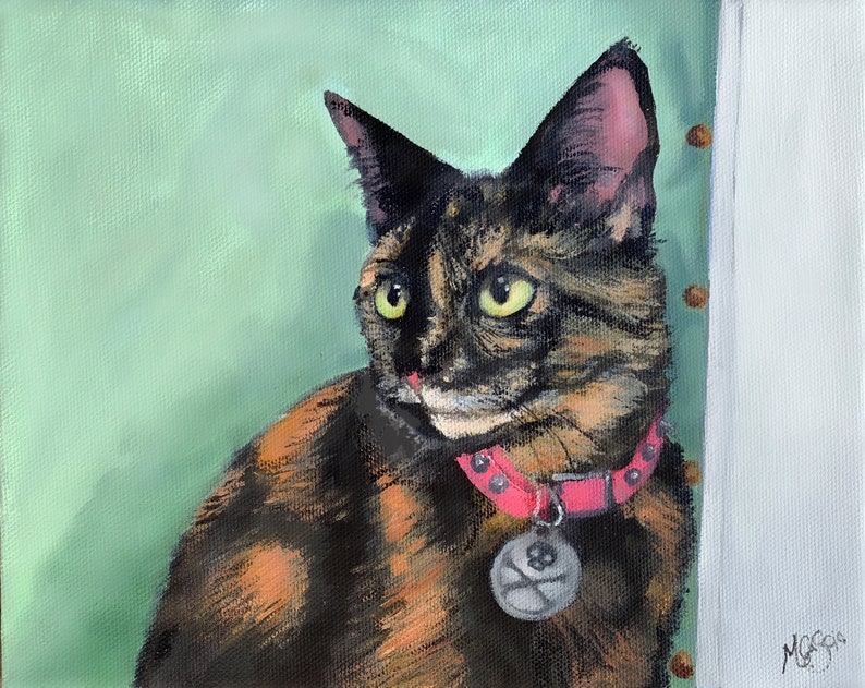 May include: A tortoiseshell cat with green eyes, wearing a pink collar with a silver tag, is looking to the right of the frame. The cat is painted in a realistic style against a light green background.