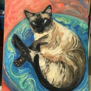 May include: A painting of a Siamese cat curled up in a blue and green swirl. The cat has blue eyes and a light brown and white coat.