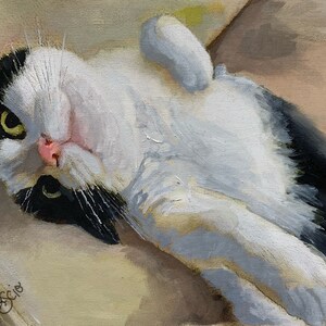 May include: A black and white cat with green eyes lies on its back on a beige surface. The cat's paws are in the air and its head is tilted back.