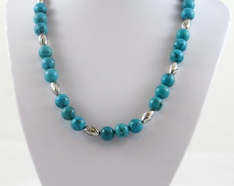 Turquoise Stones Necklace / Turquoise Stone Silver Bead Necklace /