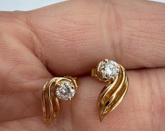 Pendientes vintage de alas de ángel con diamantes en oro amarillo de 14 k - Oro auténtico - Regalos para ella