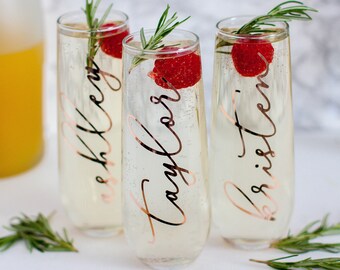 Personalized Champagne Flutes Rose Gold ~ Gold ~ Silver ~ Bachelorette or Bridesmaid Gift ~ Custom Stemless Champagne Glasses ~ Wedding