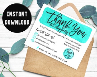 Teal Small Business Thank You Cards - Thank You for Shopping Etsy Thank You Notes - Thank You For Your Order Cards - Printable Template