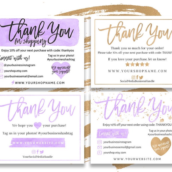 Gracias por su tarjeta de pedido púrpura y oro - Nota de agradecimiento empresarial imprimible DIY - Iconos de redes sociales - Instagram, Poshmark, Etsy, etc.