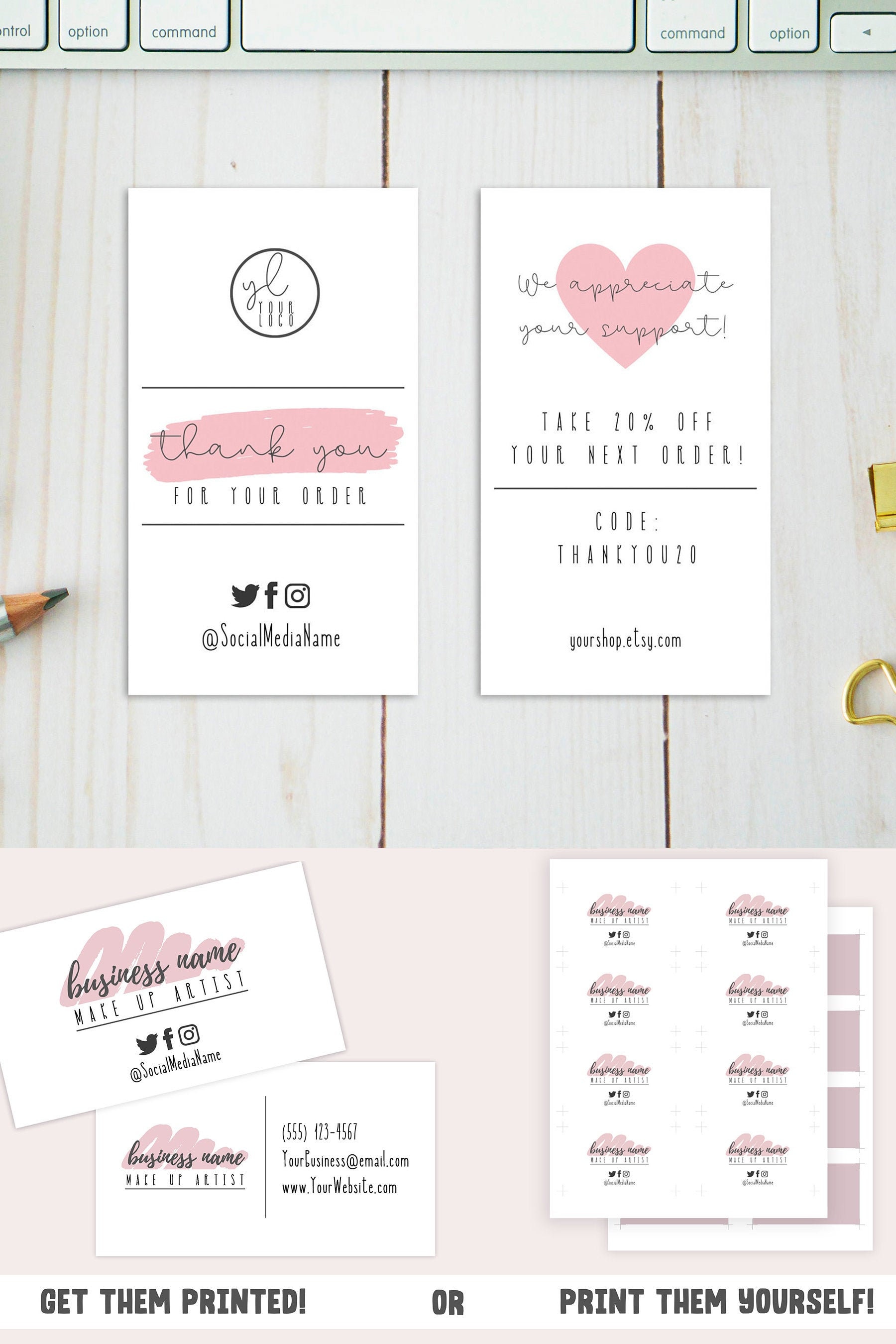 Pink Business Card Template Small Business Card Design W/ - Etsy