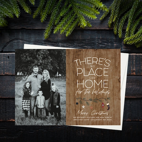 Minimalist Christmas Card with photo - Simple Christmas photo card for family photo - Family Name, New Address, New Home, No Place like Home