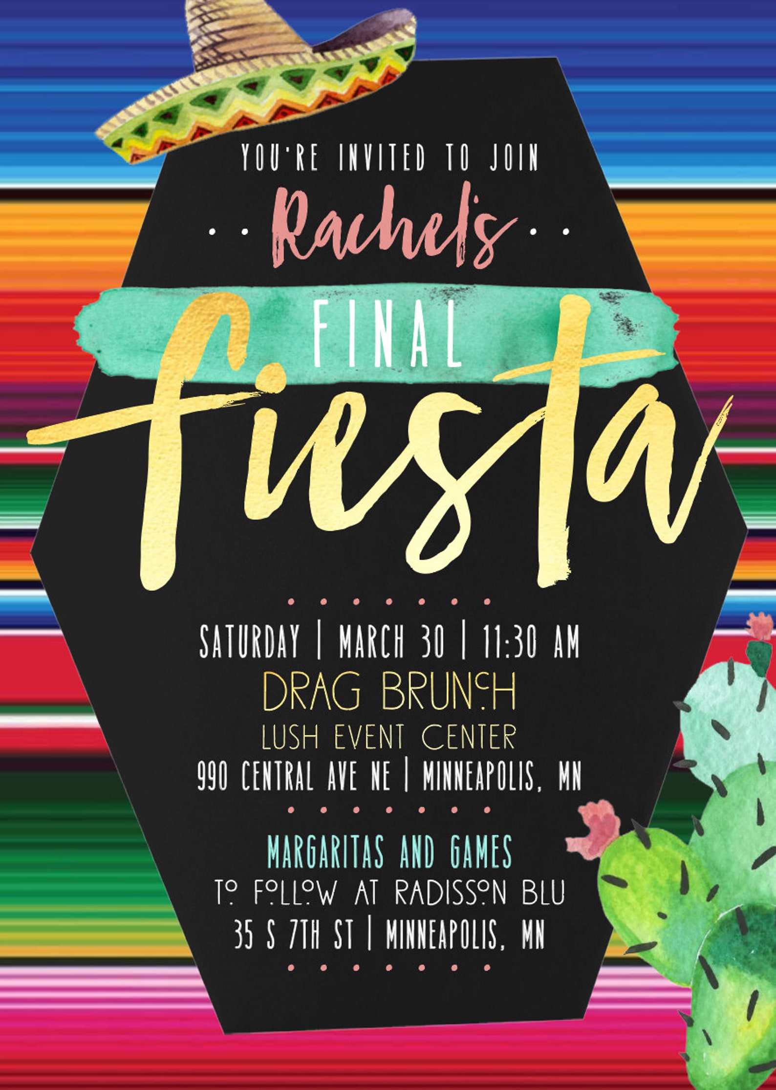 Final Fiesta Bachelorette Party, Bridal Shower Invite - Printed or ...