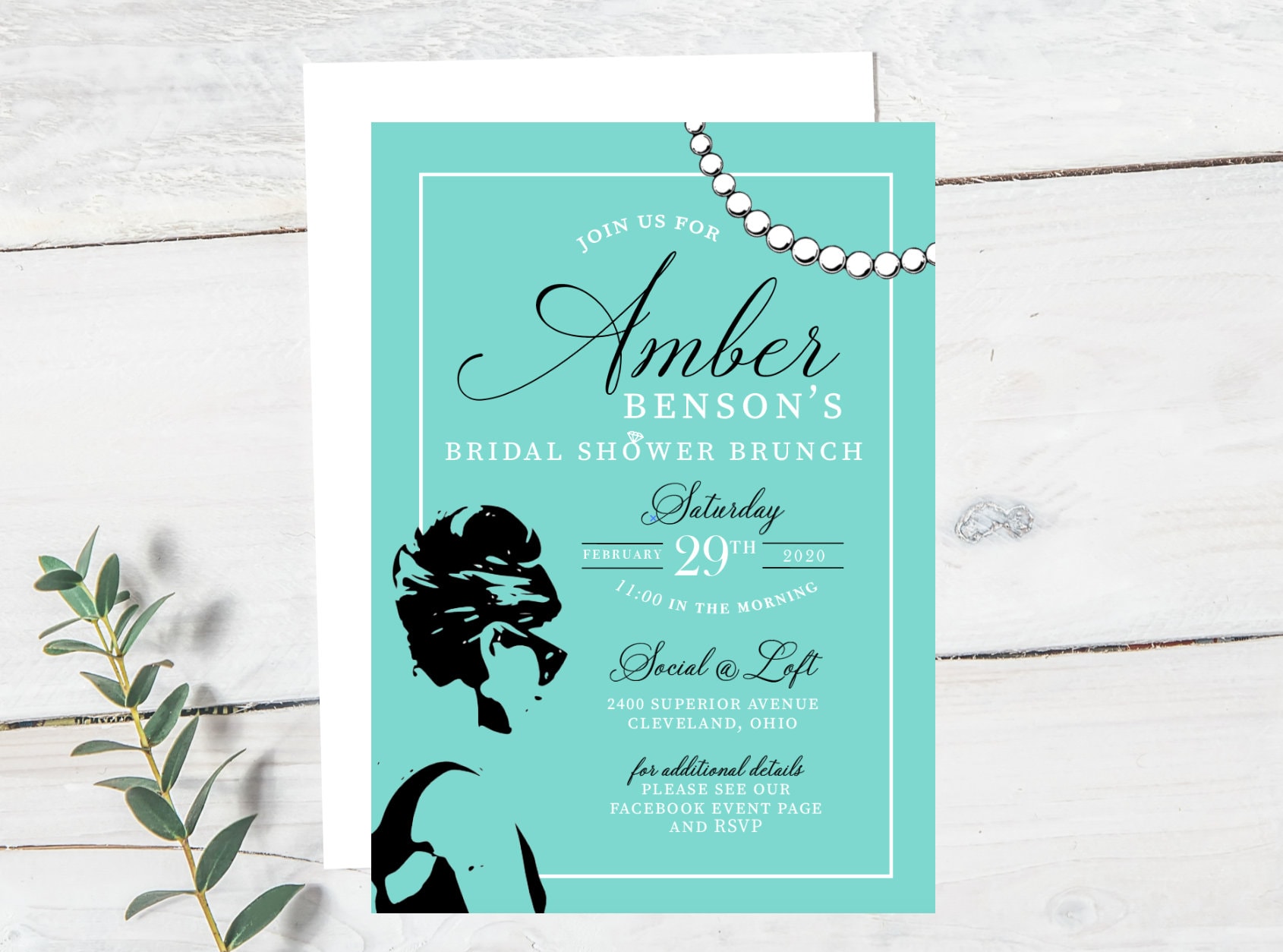 Breakfast at Tiffany's Bridal Shower, Bachelorette Party, Light Blue,  Classy Invite - Printed or Printable, image size:1690x1254