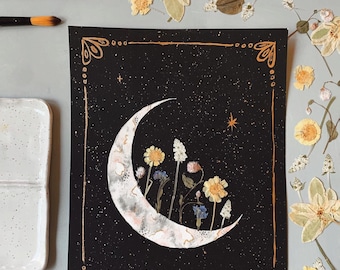 EMBELLISHED PRINT: "Blooming Crescent" watercolor + acrylic, pressed flowers + gold