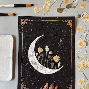 EMBELLISHED PRINT: "Blooming Crescent" watercolor + acrylic, pressed flowers + gold