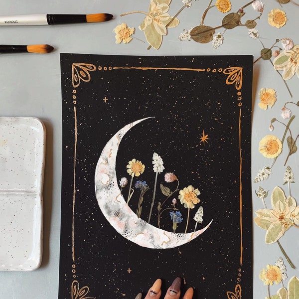 EMBELLISHED PRINT: "Blooming Crescent" watercolor + acrylic, pressed flowers + gold