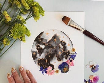 EMBELLISHED PRINT: "Viola Moonbeam" | watercolor moon | with dried pressed flowers + gold foil
