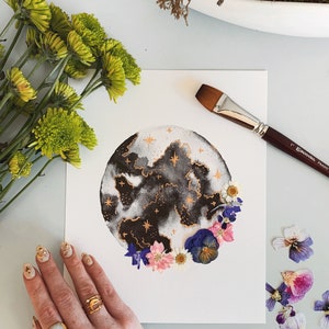 EMBELLISHED PRINT: "Viola Moonbeam" | watercolor moon | with dried pressed flowers + gold foil