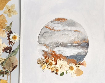 EMBELLISHED PRINT: "Neutral Moon" watercolor painting with pressed flowers and gold