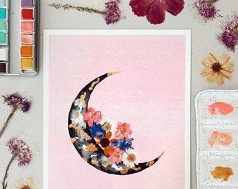 EMBELLISHED PRINT: "Feminine Crescent Moon" | Watercolor moon | Pressed Flower | Gold foil leafing | pink