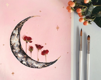 EMBELLISHED PRINT: "Romantic Crescent" | Watercolor Moon | Gold Leaf | Pressed Dried Flowers | Roses