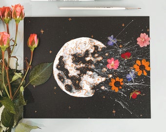 EMBELLISHED PRINT: "Wild Flower Power" | watercolor moon | gold leaf | real pressed flowers