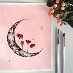 EMBELLISHED PRINT: "Romantic Crescent" | Watercolor Moon | Gold Leaf | Pressed Dried Flowers | Roses