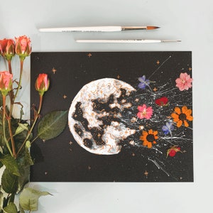 EMBELLISHED PRINT: "Wild Flower Power" | watercolor moon | gold leaf | real pressed flowers