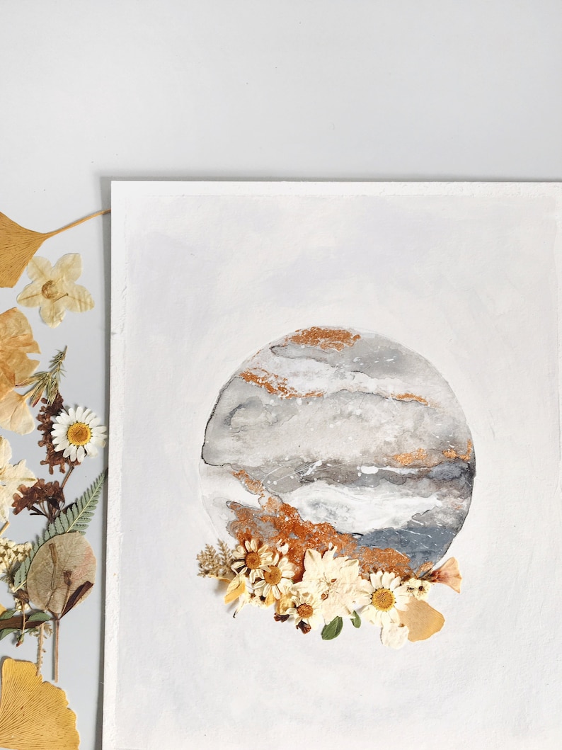 EMBELLISHED PRINT: Neutral Moon watercolor painting with pressed flowers and gold image 1