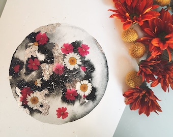 EMBELLISHED PRINT: "Chilling Blush" | watercolor moon | real pressed flowers | silver foil | daisies