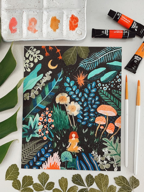 Jungle Shag Print: Gold Foil, Pressed Flowers, Customizable Hair