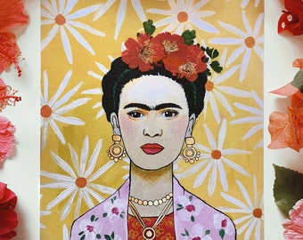 PRINT: "Frida Kahlo" - pressed flowers + gold foil + floral painting