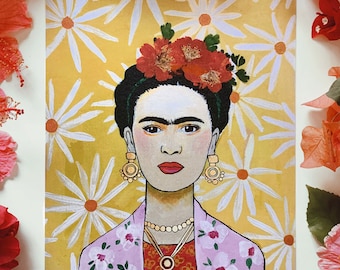 PRINT: "Frida Kahlo" - pressed flowers + gold foil + floral painting