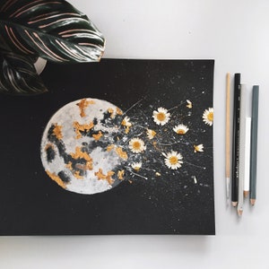 EMBELLISHED PRINT: "Dark Night Outburst" | Moon Watercolor | with Gold Leaf + real pressed flowers | daisies