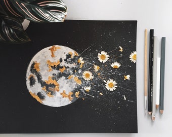 EMBELLISHED PRINT: "Dark Night Outburst" | Moon Watercolor | with Gold Leaf + real pressed flowers | daisies