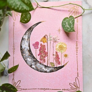 EMBELLISHED PRINT: Sherbet Sky watercolor moon, pressed flowers, gold leafing image 2